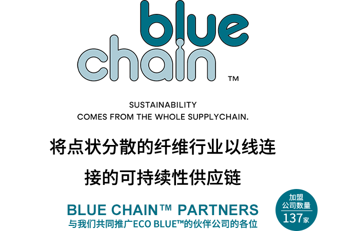 将点状分散的纤维行业以线连接的可持续性供应链　与我们共同推广ECO BLUE™的伙伴公司的各位 加盟公司数量：137家